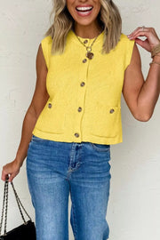 Yellow textured knit button-down sweater vest with two front pockets and gold buttons.
