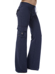 Dark Navy cargo-inspired wide-leg drawstring trousers with buttoned flap pockets.