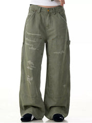 Olive green distressed wide-leg carpenter pants with cargo pockets and a relaxed fit.