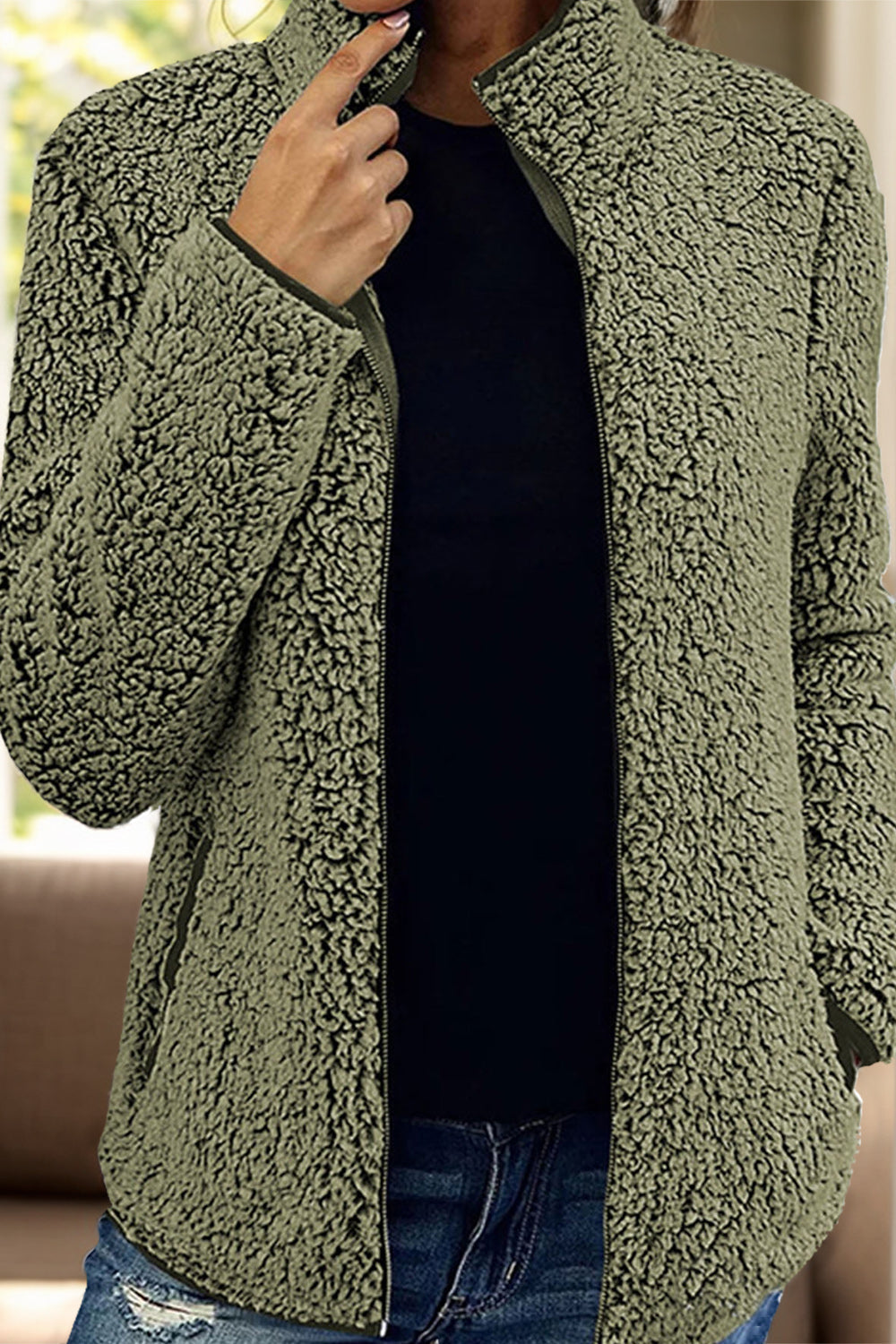Moss teddy fleece zip-up jacket with stand collar and pockets