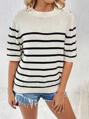 Cream and black striped knit top with button shoulder detail and short sleeves