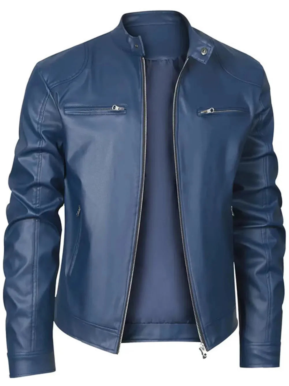 Royal blue PU zip-up jacket with stand-up collar and zippered pockets.
