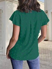 Dark green flutter sleeve Swiss dot blouse with a v-neck and relaxed fit.