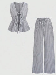 Striped Tie-front Sleeveless Top And Pants Set, model styling view