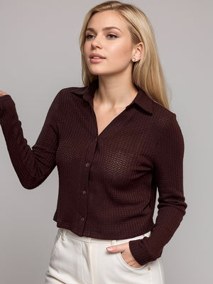 Textured knit button-down shirt in dark brown with a collared neckline and long sleeves.