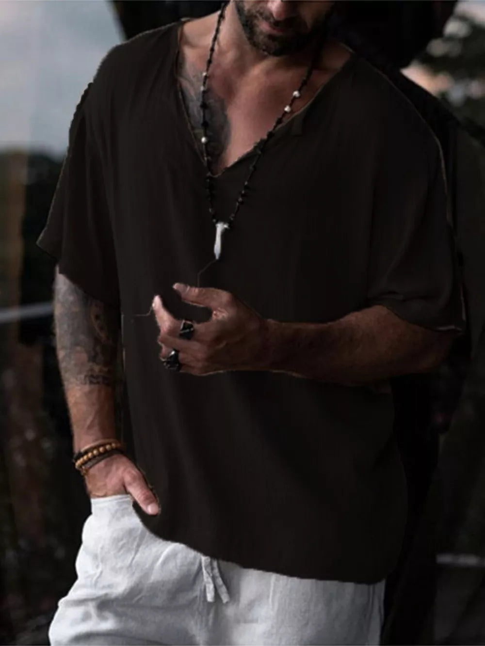 Men's Casual Loose Short Sleeve Shirt Plus Size in Black, close-up detail