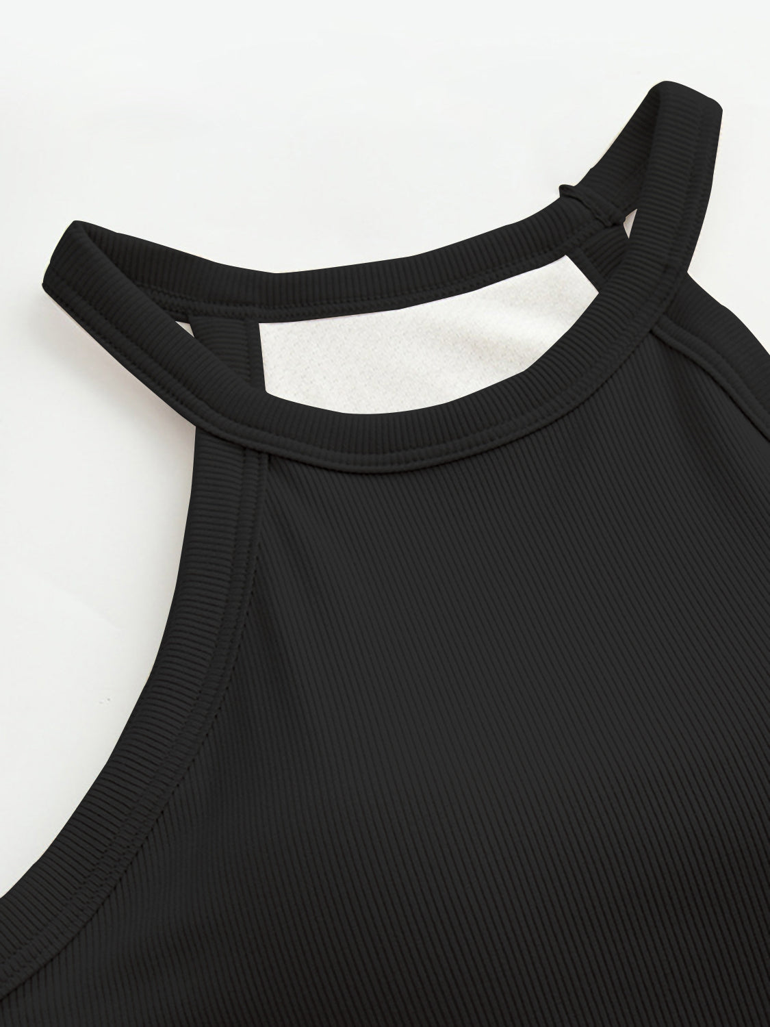 Black ribbed halter tank top with built-in bra detail
