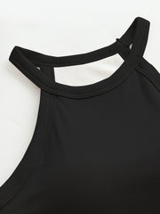 Black ribbed halter tank top with built-in bra detail