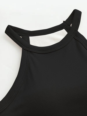 Black ribbed halter tank top with built-in bra detail