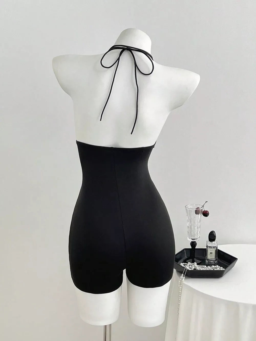 Tied Front Halter Neck Romper, model styling view