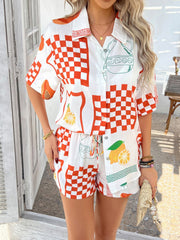 Patchwork print resort shirt and shorts set with orange checkerboard and fruit graphics.