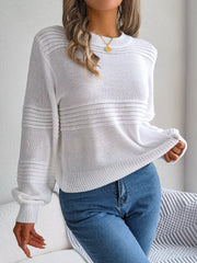White ribbed yoke knit sweater with crew neck and long sleeves