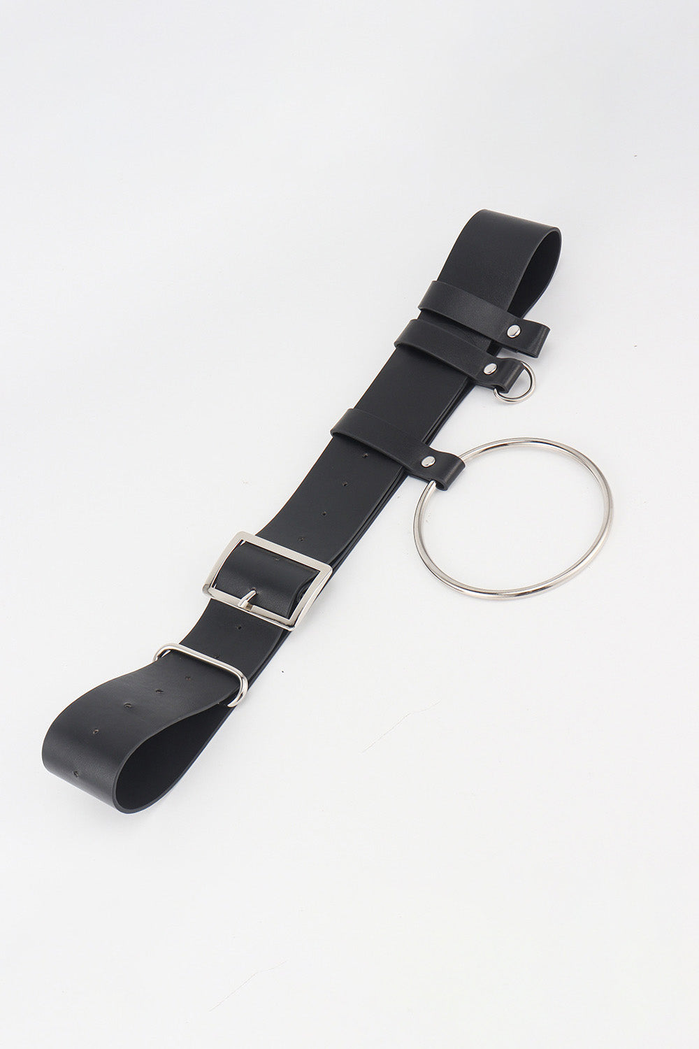 Black leather belt with silver buckle and large ring detail