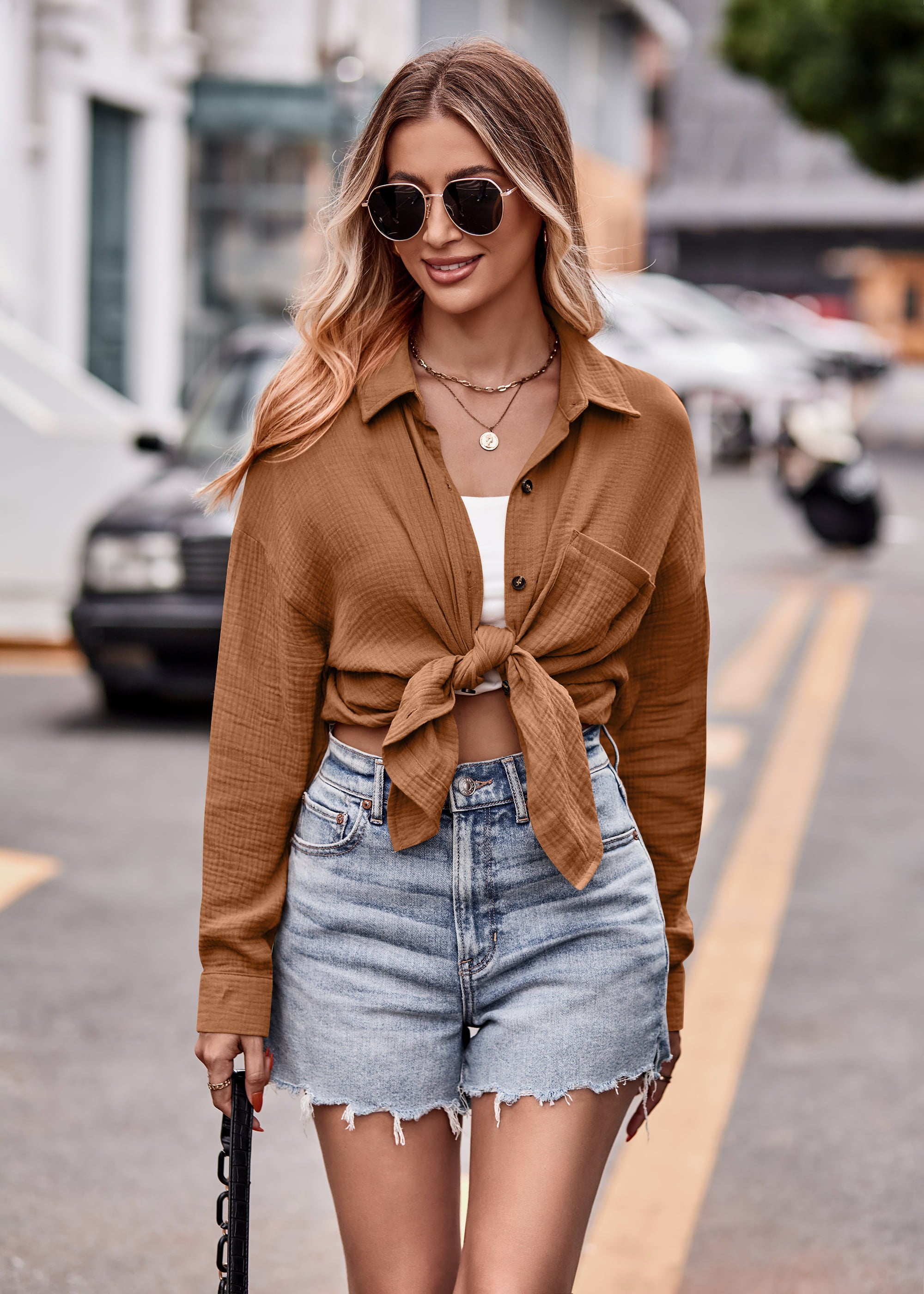 Textured gauze overshirt in caramel, tied at waist, with relaxed silhouette and chest pocket.