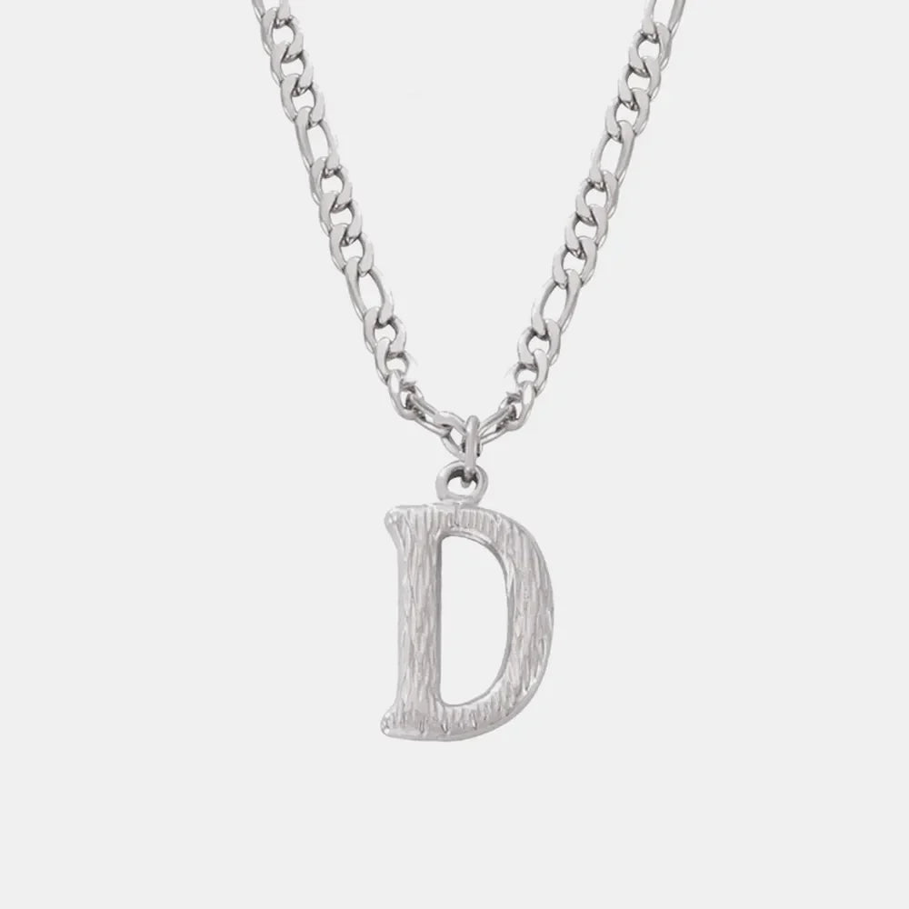 Textured initial D pendant necklace with stainless steel curb chain