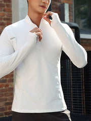 Men's white lightweight quarter-zip active t-shirt with thumbholes and reflective detail.