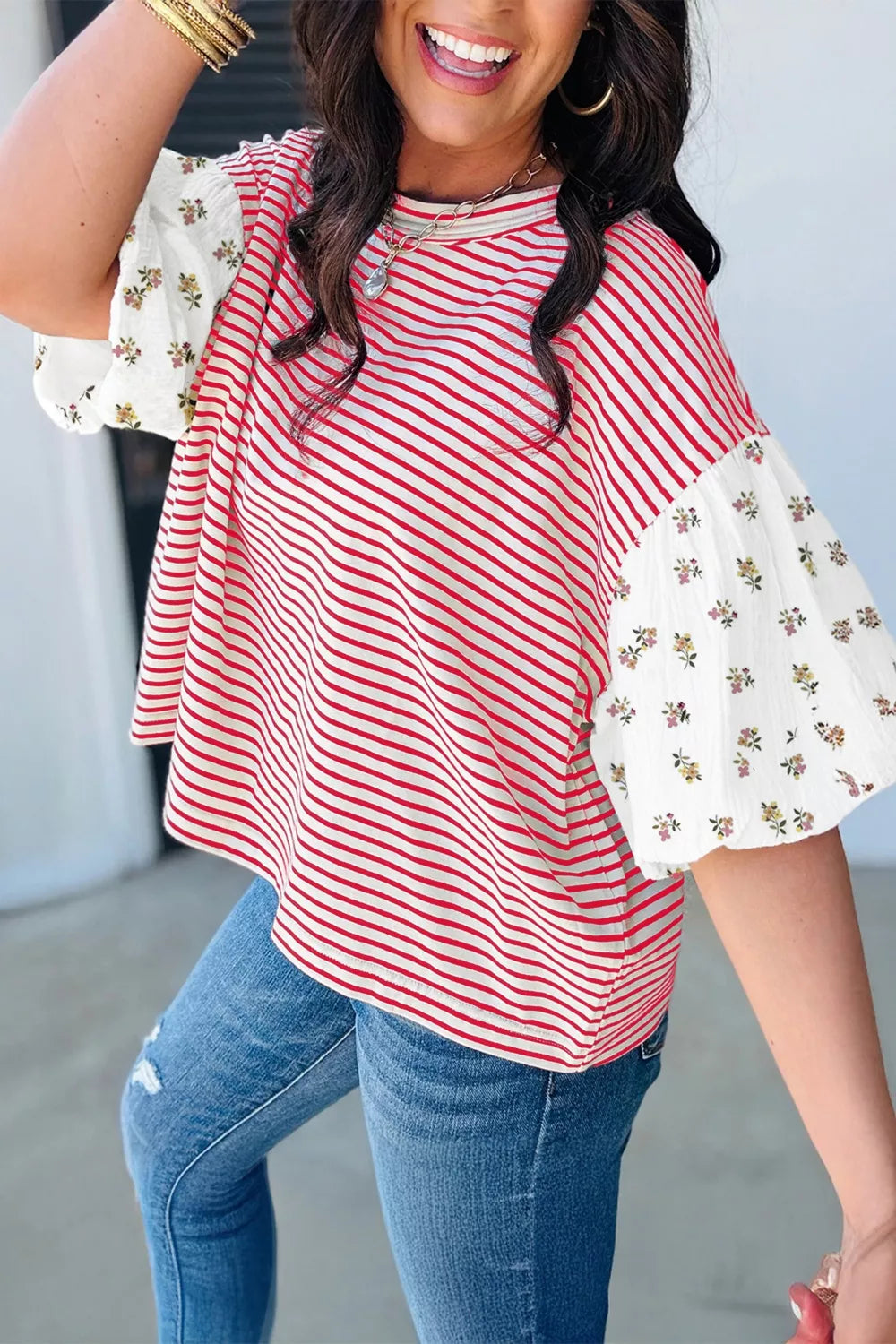 Red and white striped maternity shirt with patchwork floral puff sleeves