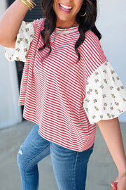 Red and white striped maternity shirt with patchwork floral puff sleeves