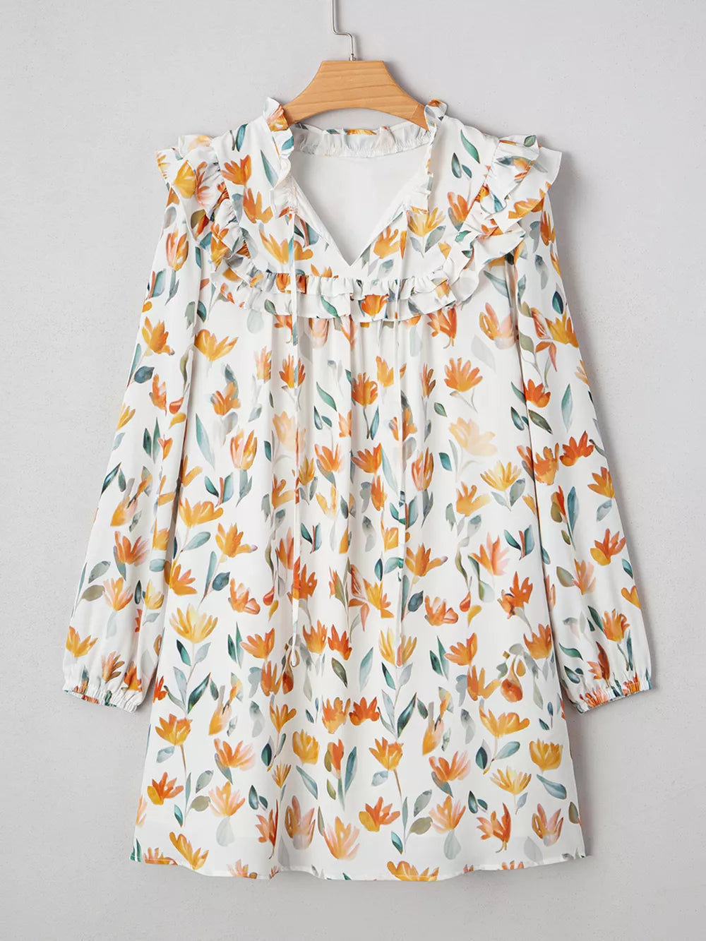 Bohemian Floral Print Ruffle Mini Dress in Sherbet, fabric detail