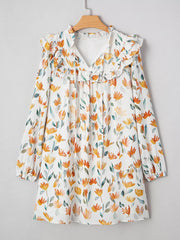 Bohemian Floral Print Ruffle Mini Dress in Sherbet, fabric detail