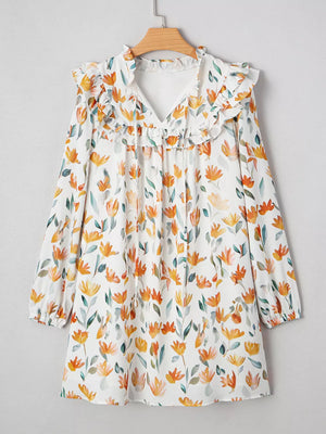Bohemian Floral Print Ruffle Mini Dress in Sherbet, fabric detail