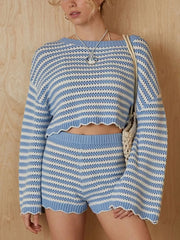 Scalloped Edges Striped Top And Shorts Set in Blue, side view