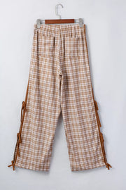 Plaid drawstring casual pants with side tie details in camel and white.