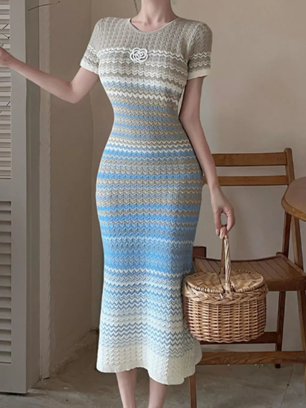 Gradient Knit Striped Midi Dress in Light Blue, close-up detail