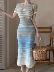 Gradient Knit Striped Midi Dress in Light Blue, close-up detail