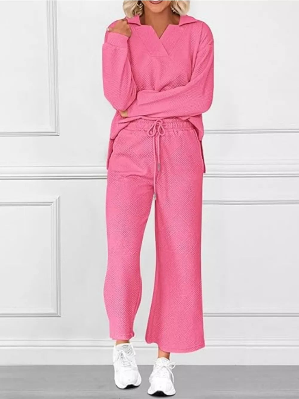 Rose Red V-neck textured lounge set with diagonal pattern pants and long sleeves.