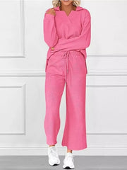 Rose Red V-neck textured lounge set with diagonal pattern pants and long sleeves.