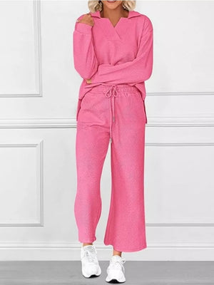 Rose Red V-neck textured lounge set with diagonal pattern pants and long sleeves.