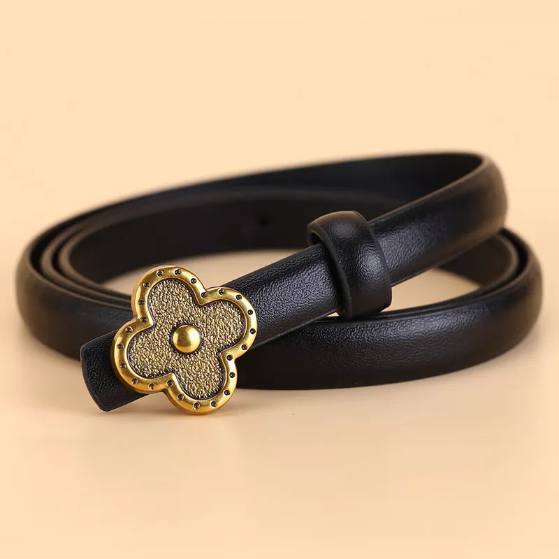 Black leather belt with antique gold clover buckle detail