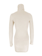 Ribbed turtleneck bodycon mini dress in apricot with long sleeves.