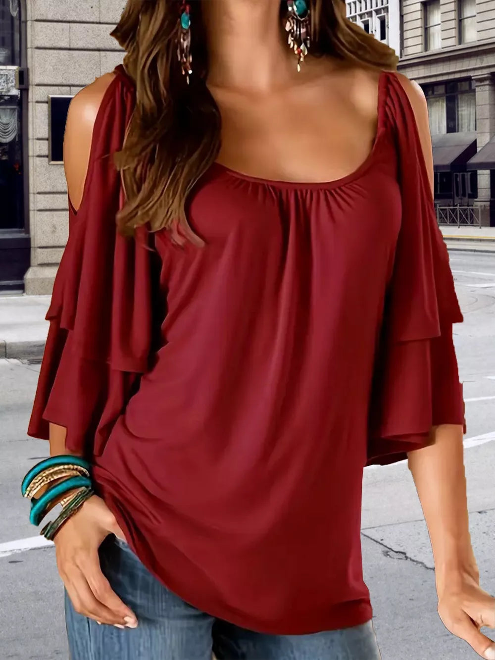 Burgundy ruffled sleeve t-shirt with gathered neckline and cold shoulder detail.