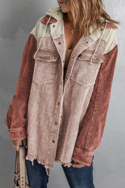 Colorblock corduroy hooded utility jacket with distressed hem and chest pockets.