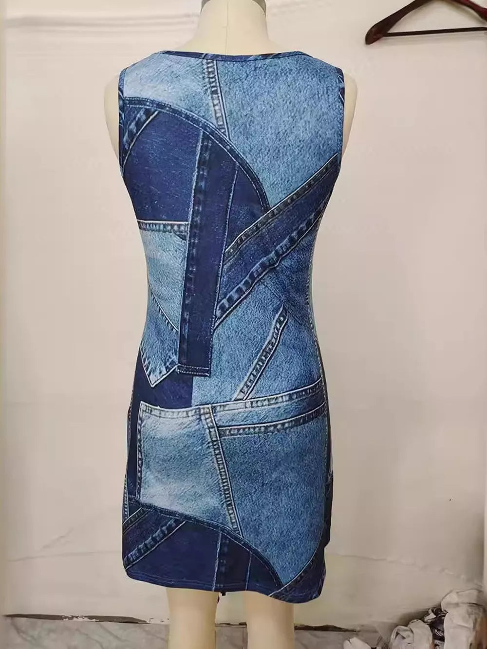 Patchwork Denim Sleeveless Mini Dress, model styling view