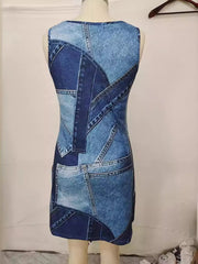 Patchwork Denim Sleeveless Mini Dress, model styling view