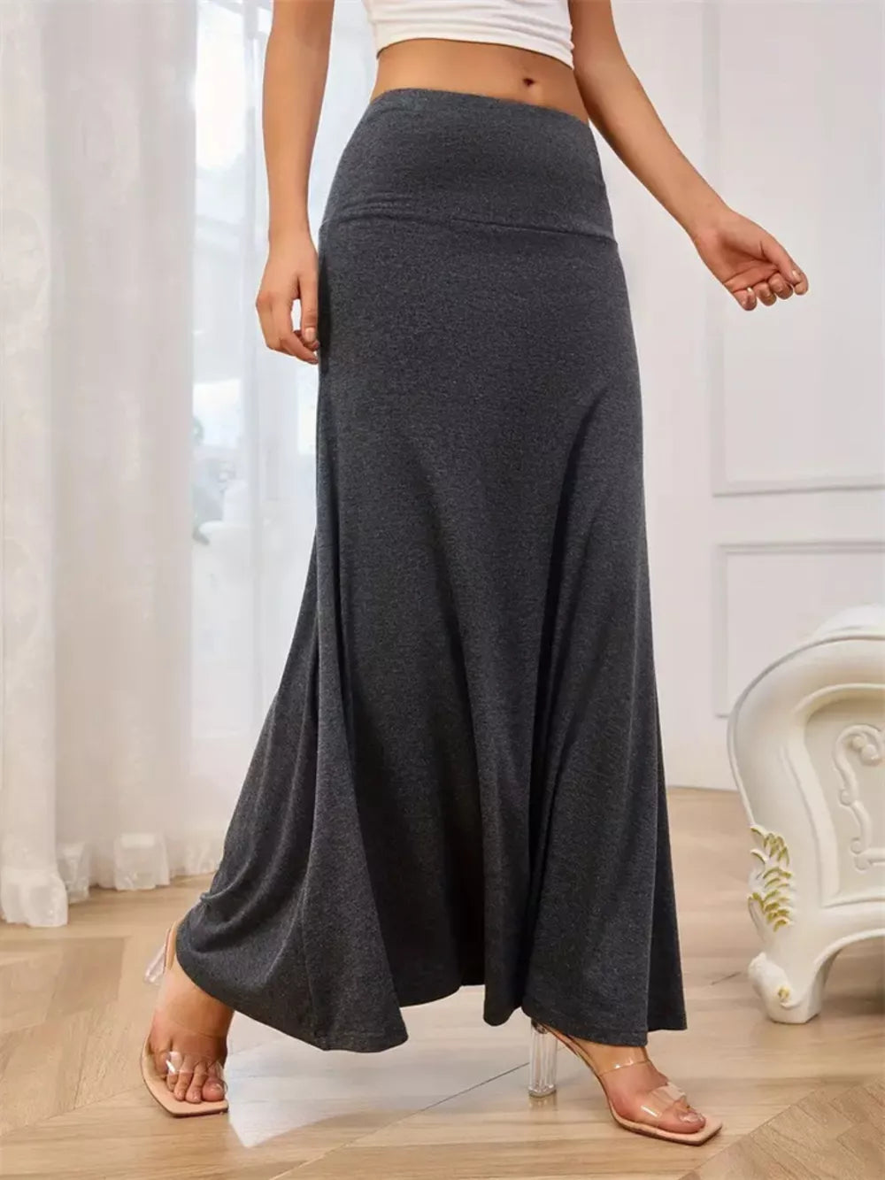 Flowy Maxi Skirt With Wide Waistband, front view