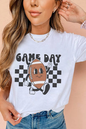 White polyester graphic tee with a retro football character and "Game Day" text.