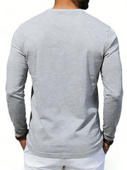 Gray long sleeve t-shirt with crew neck and buttoned placket detail.