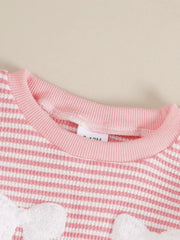 Pink and white striped baby set with bow accents and a ribbed neckline.