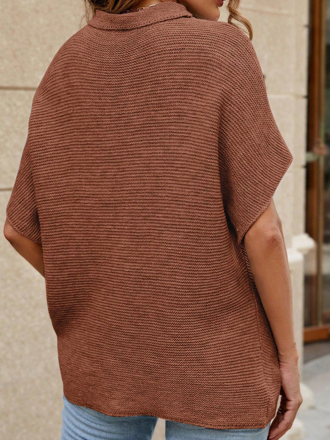 Boxy knit top in chestnut with dolman sleeves and a collared neckline.