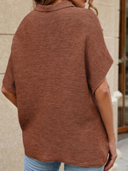 Boxy knit top in chestnut with dolman sleeves and a collared neckline.