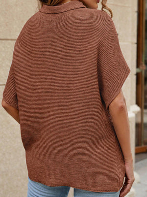 Boxy knit top in chestnut with dolman sleeves and a collared neckline.
