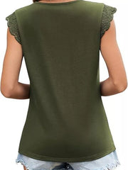 Olive green t-shirt with lace cap sleeves and round neck.