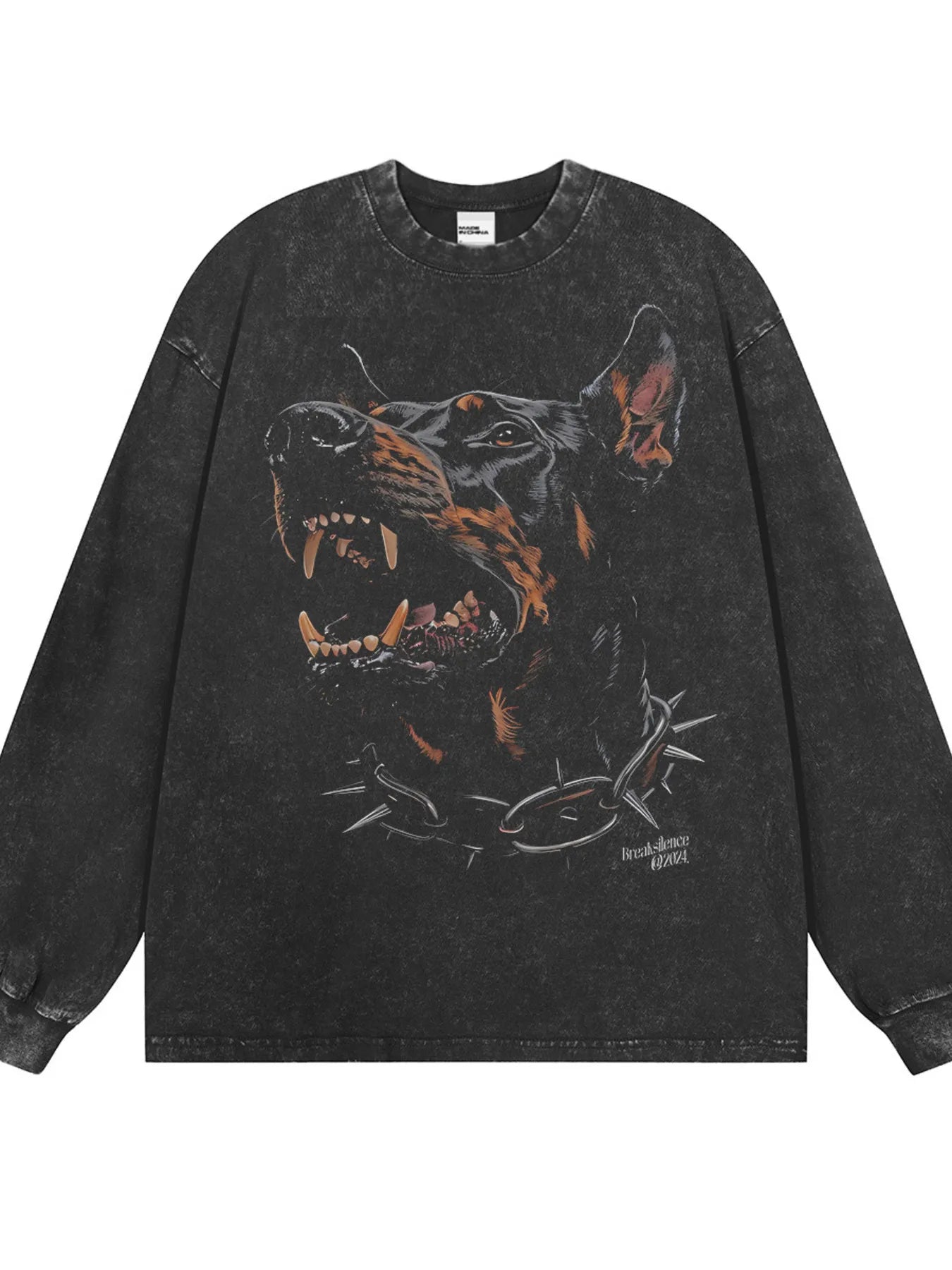 Men's dark gray long-sleeve graphic tee with a snarling dog and chain print.
