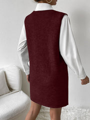 Burgundy knit sleeveless mini dress with pocket detail, styled over a white shirt.