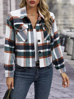 Plaid pocketed jacket with classic collar and button-down front.