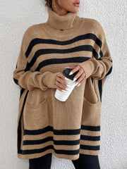 Tan geometric stripe knit poncho sweater with pockets and turtleneck